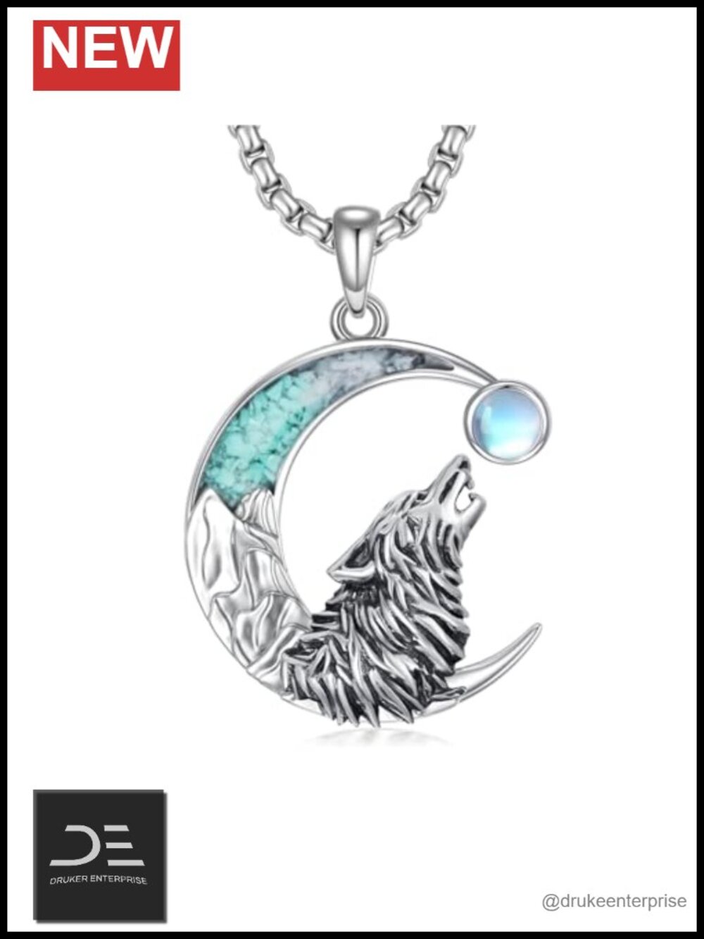 925 Sterling Silver Wolf Moon Pendant Necklace Turquoise Animal Jewelry